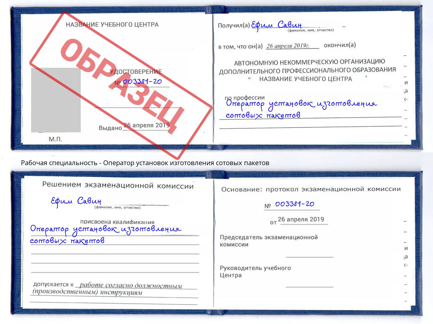 Оператор установок изготовления сотовых пакетов Котлас