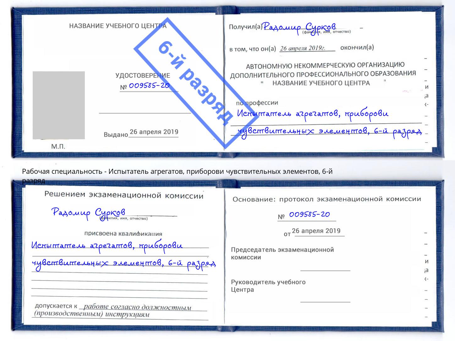 корочка 6-й разряд Испытатель агрегатов, приборови чувствительных элементов Котлас