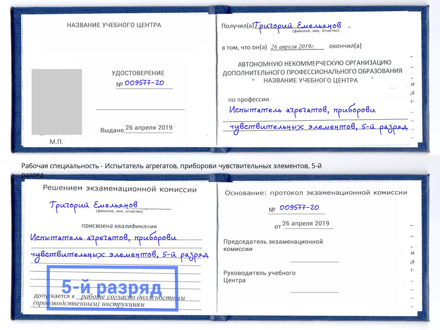 корочка 5-й разряд Испытатель агрегатов, приборови чувствительных элементов Котлас