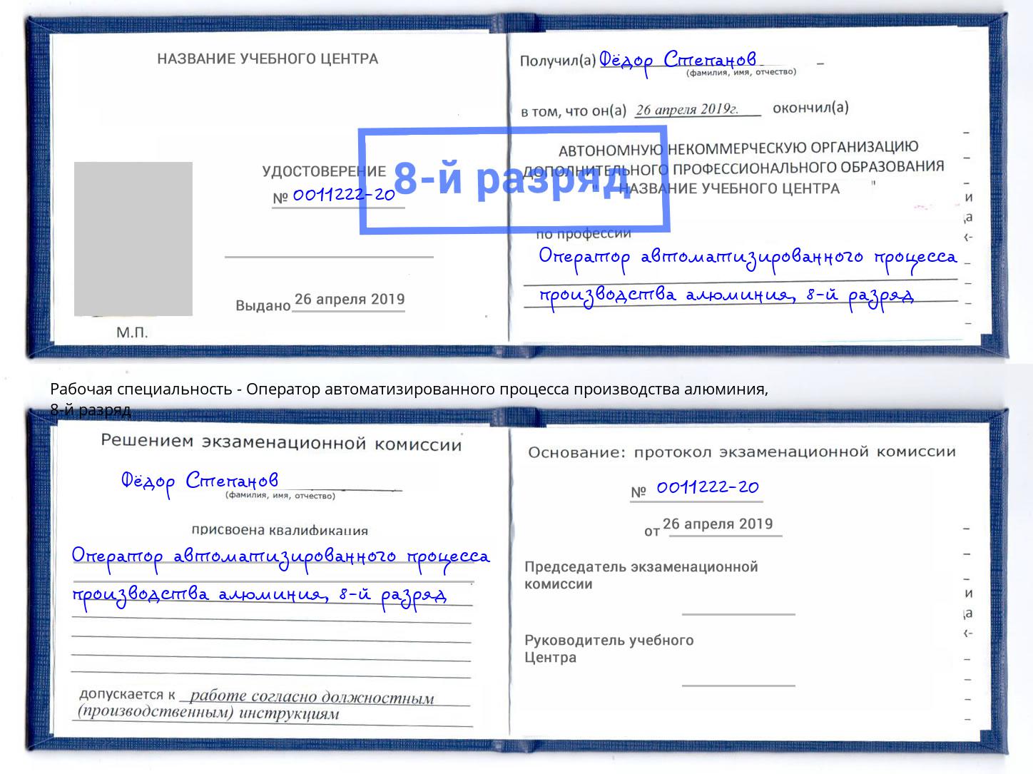 корочка 8-й разряд Оператор автоматизированного процесса производства алюминия Котлас