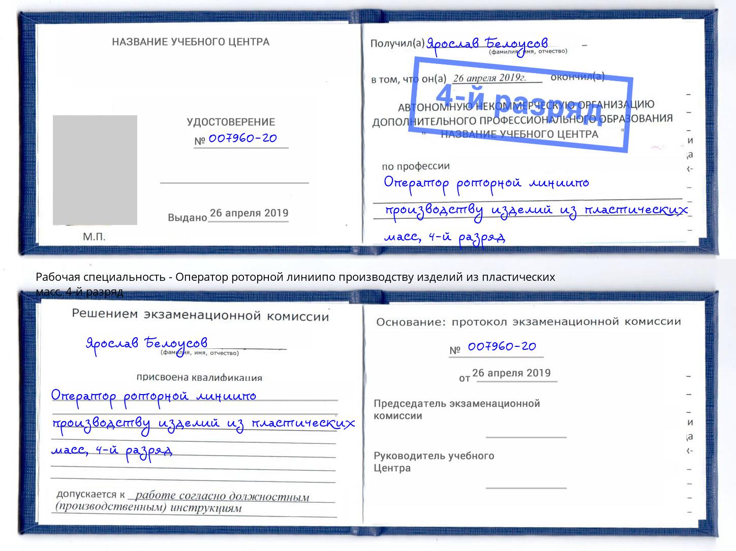 корочка 4-й разряд Оператор роторной линиипо производству изделий из пластических масс Котлас