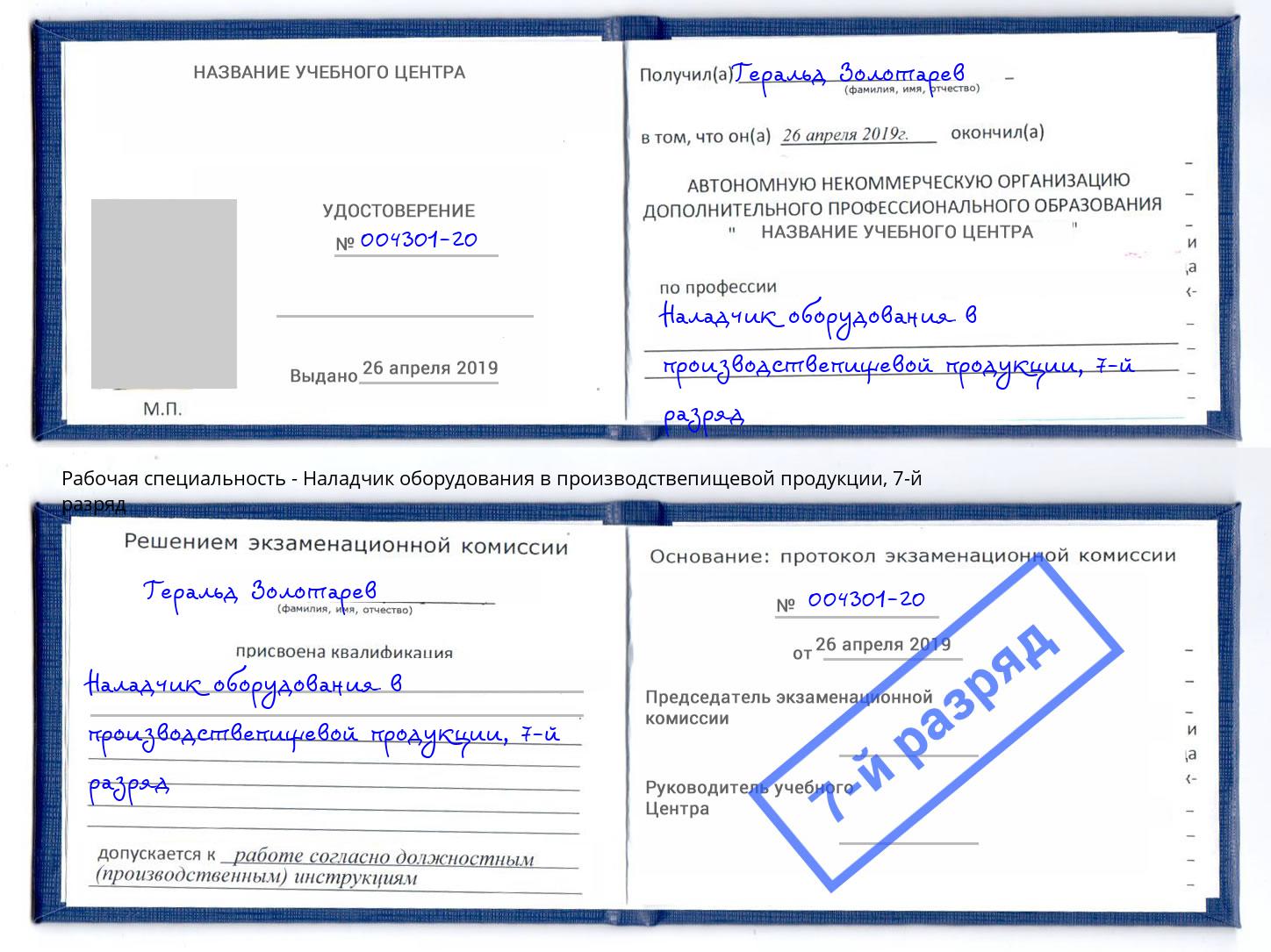 корочка 7-й разряд Наладчик оборудования в производствепищевой продукции Котлас