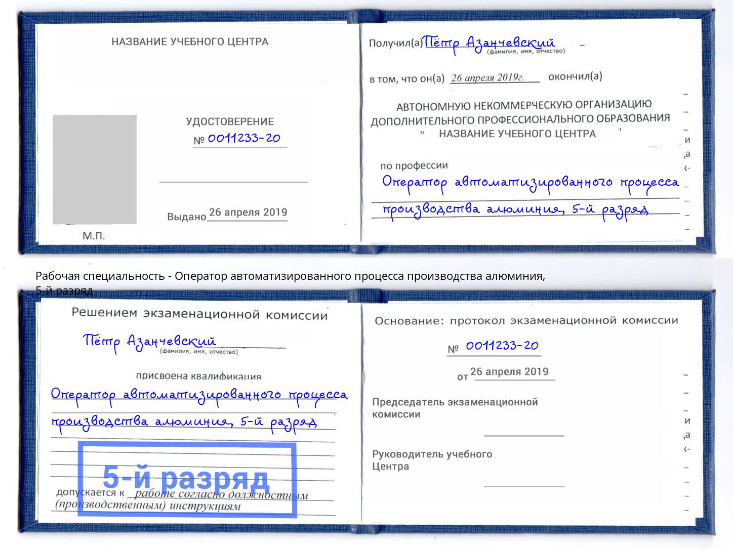 корочка 5-й разряд Оператор автоматизированного процесса производства алюминия Котлас
