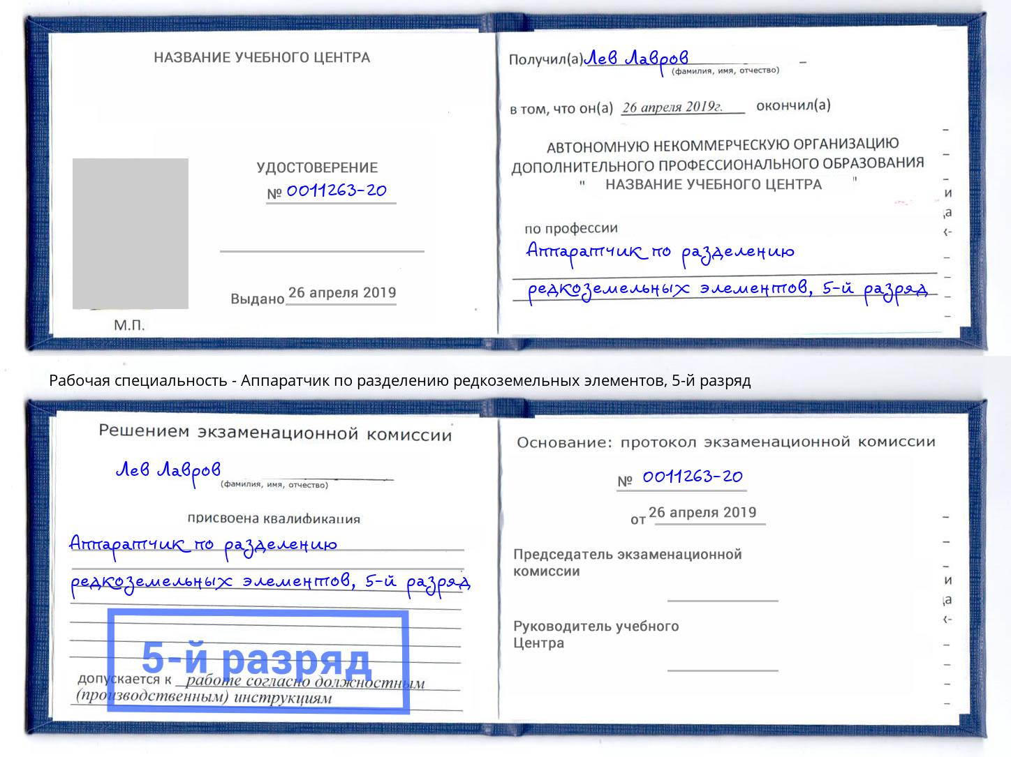 корочка 5-й разряд Аппаратчик по разделению редкоземельных элементов Котлас